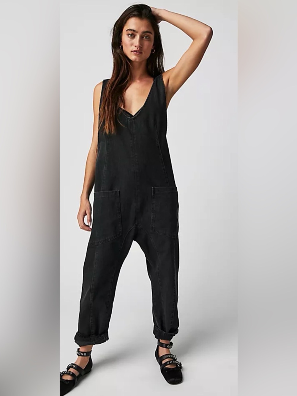 We The Free Free People High Roller Black Denim Overalls Jumpsuit